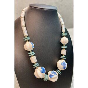 Vintage Japan Ceramic Bead Blue White Necklace  -5